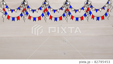 Digitally generated image of blue and red hanging decorations against wooden background 82795453