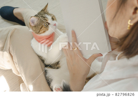 still at home concept with asian woman reading book and play with her cat in her living room 82796826