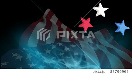 Composition of red, blue and white stars with smoke and billowing american flag on black background 82796965