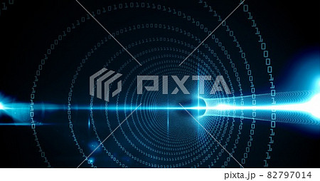 Binary coding data processing over digital tunnel against spot of light on black background 82797014