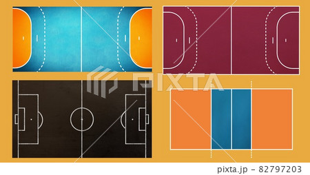 Digitally generated image of multiple sports field layouts against orange background Digitally generated image of multiple sports field layouts against orange background 82797203