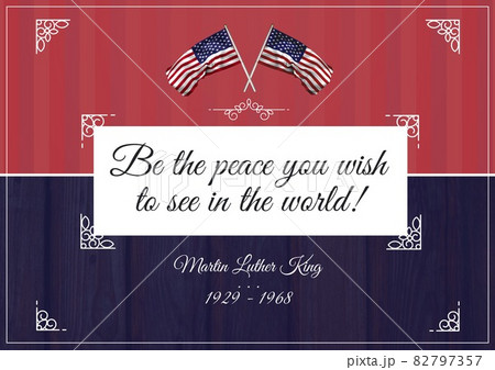 Composition of martin luther king day text, with american flags and quote on red 82797357
