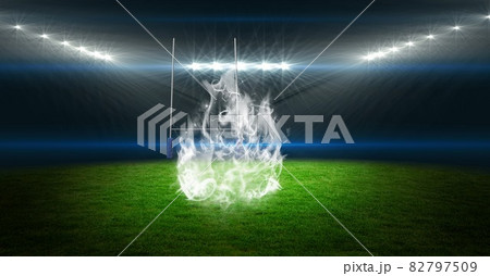 Composition of empty rugby stadium with lights and white flames Composition of empty rugby stadium with lights and white flames 82797509