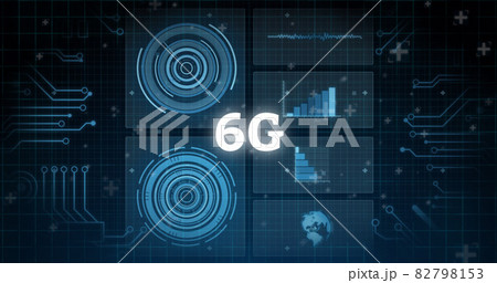 Image of 6g text with scopes scanning and data processing on screens over grid 82798153