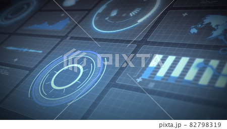 Image of statistics recording and scopes scanning on screens over grid 82798319