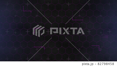 Image of network of hexagons and purple light trails on black background 82798458