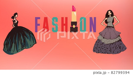 Composition of drawing of models with fashion text on red background 82799394
