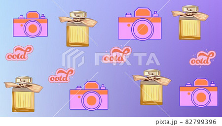 Composition of camera and perfume repeated on blue background 82799396