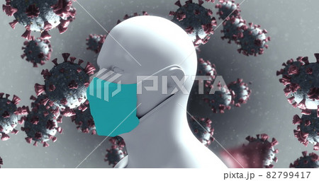 Image of macro Coronavirus cells floating over a 3D human model in the background. 4k 82799417