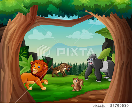 Cartoon wild animals playing in the green field illustration Cartoon wild animals playing in the green field illustration 82799650