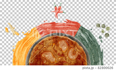 Handwritten watercolor style illustrations of spice curry and 3 types of spices 82800026