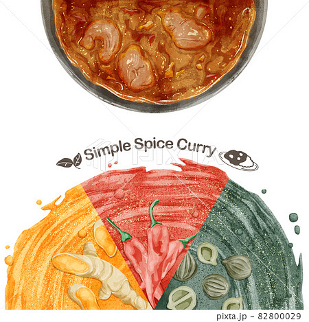 スパイスカレーとスパイス3種類の手書き水彩風イラスト スパイスカレーとスパイス3種類の手書き水彩風イラスト 82800029