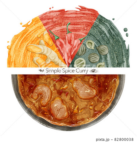 スパイスカレーとスパイス3種類の手書き水彩風イラスト スパイスカレーとスパイス3種類の手書き水彩風イラスト 82800038