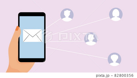 Image of smartphone screen with envelope and network of icons Image of smartphone screen with envelope and network of icons 82800356