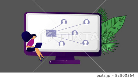 Image of woman using laptop with network of icons on screen 82800364