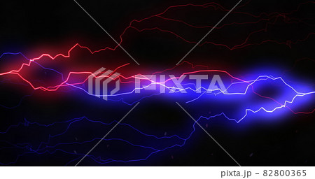 Red and blue lightning bolts of electrical current moving wildly across black background 82800365