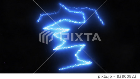 Blue lightning bolts of electrical current moving wildly across a black background 82800922