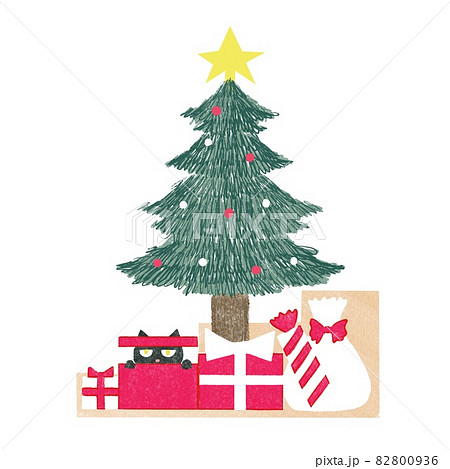 クリスマスツリーと猫が入ったプレゼントの箱のイラスト素材