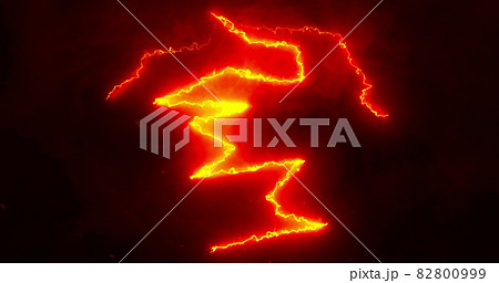 Glowing red and orange lightning bolts of electrical current and smoke moving wildly across a black Glowing red and orange lightning bolts of electrical current and smoke moving wildly across a black 82800999