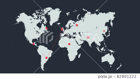 Pale grey world map with moving red network of connected points on dark grey background Pale grey world map with moving red network of connected points on dark grey background 82801222