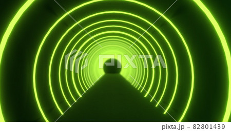 Moving through a tunnel of concetric green neon arcs pulsating on a black background 82801439