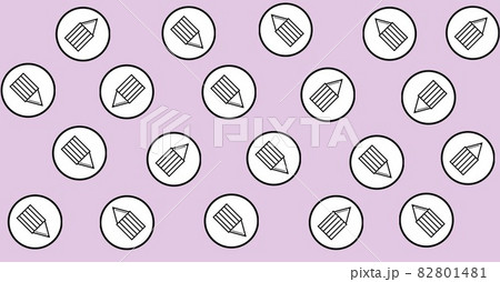 Composition of black and white pencil symbols in circles repeated in rows on pale pink background 82801481