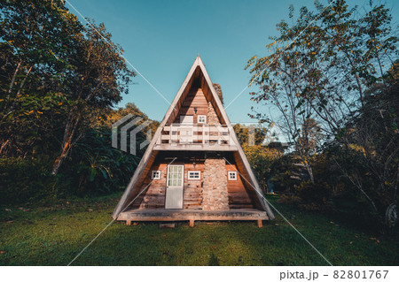 A-Frame cabin in summer morning 82801767