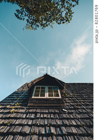 A-Frame cabin in summer morning A-Frame cabin in summer morning 82801769