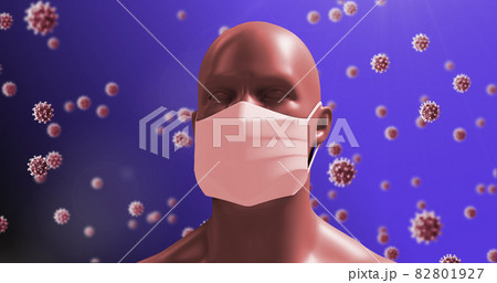 Image of macro Covid-19 cells floating around a 3D human face on a blue background. Image of macro Covid-19 cells floating around a 3D human face on a blue background. 82801927