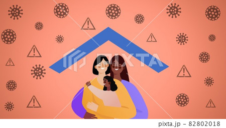 Composition of family embracing over virus icons on red background 82802018