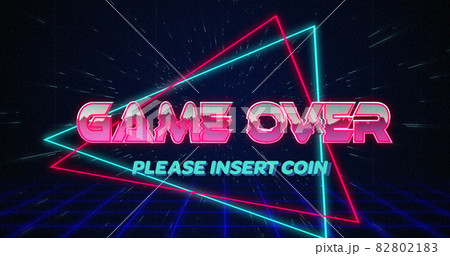 Retro Game over text glitching over blue and red triangles on white hyperspace effect 4k 82802183
