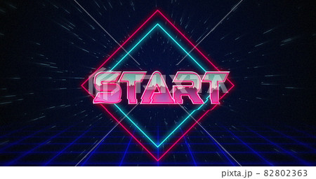 Retro Start text glitching over blue and red squares 4k 82802363