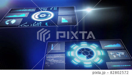 Image of scope scanning, statistics recording and data processing on screens on blue background 82802572