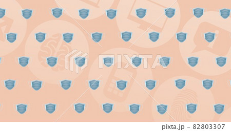 Composition of face masks over digital icons on orange background Composition of face masks over digital icons on orange background 82803307