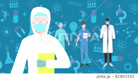 Health worker wearing face masks against science concept icons on blue background Health worker wearing face masks against science concept icons on blue background 82803502