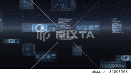 Image of scope scanning, statistics recording, globe spinning and data processing on screens 82803568