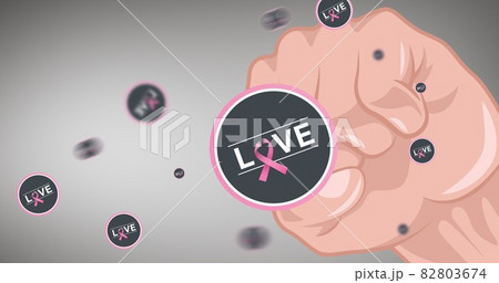 Composition of pink ribbon logo and love text with fist 82803674