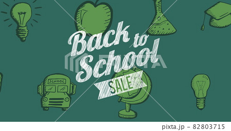 Image of back to school text over school items icons on green background 82803715