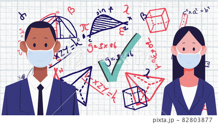 Man and woman in face mask icons maintaining social distancing against mathematical equations Man and woman in face mask icons maintaining social distancing against mathematical equations 82803877