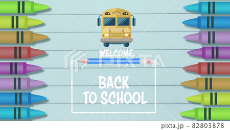 Welcome back to school text against multiple crayons and school bus icon Welcome back to school text against multiple crayons and school bus icon 82803878