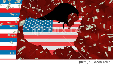 Image of usa map coloured in american flag over banknotes on stars and stripes background 82804267