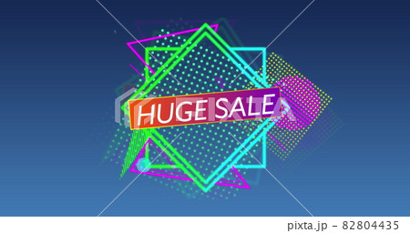 Huge sale graphic and colourful shapes tumble into place on dark grey background 4k 82804435