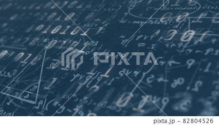 Digital image of binary coding data processing against mathematical equations on blue background 82804526