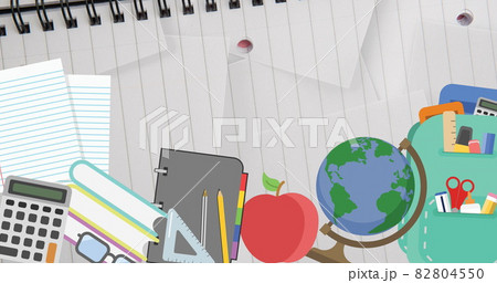 Multiple school concept icons against white lined paper Multiple school concept icons against white lined paper 82804550