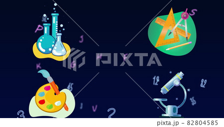 Image of numbers and letters changing with education icons on blue background Image of numbers and letters changing with education icons on blue background 82804585