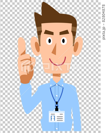 A man in a light blue shirt with an employee ID card and speaking with his index finger up A man in a light blue shirt with an employee ID card and speaking with his index finger up 82804878