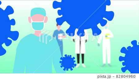 Covid-19 cell icons over health workers wearing face masks against green background Covid-19 cell icons over health workers wearing face masks against green background 82804960