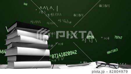 Digital image of glasses and stack of books against multiple changing numbers and symbols on gre 82804979