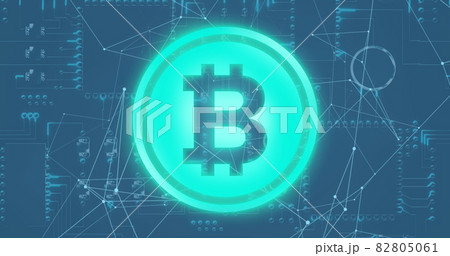 Bitcoin symbol over QR code scanner against network of connections. Bitcoin symbol over QR code scanner against network of connections. 82805061