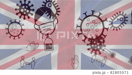 Coronavirus concept icons against British flag 82805071